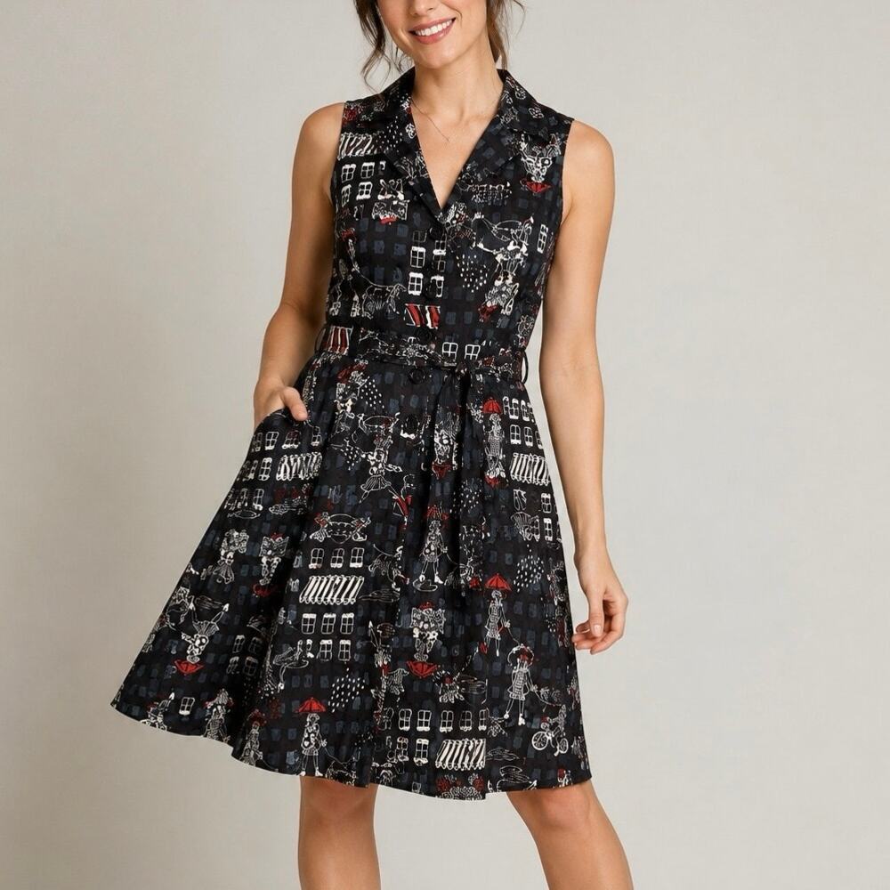 ModCloth Community Brunch Shirt Dress Black Red White Novelty Print Size Small